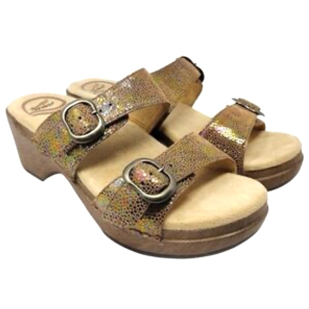 Dansko Sophie Iridescent Slide Sandals bronze metallic finish Buckle sz 40